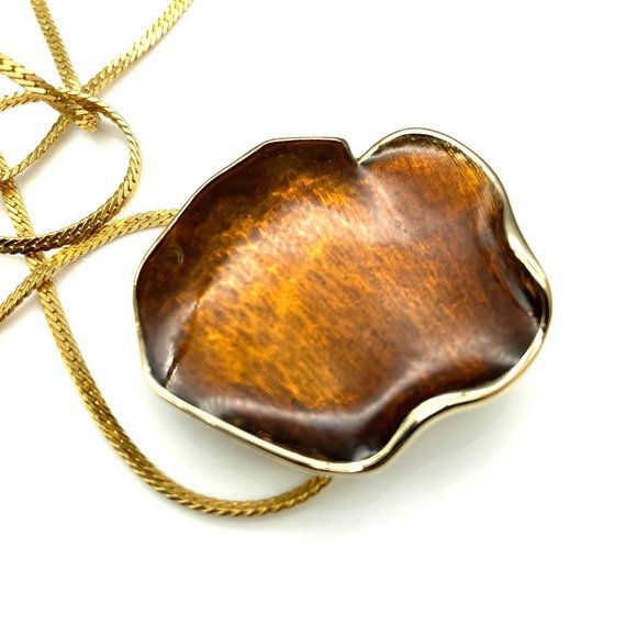 Vintage Sarah Coventry Amber Petal Pendant Brooch, Brown Enamel Lilypad Gold - Picture 2 of 5